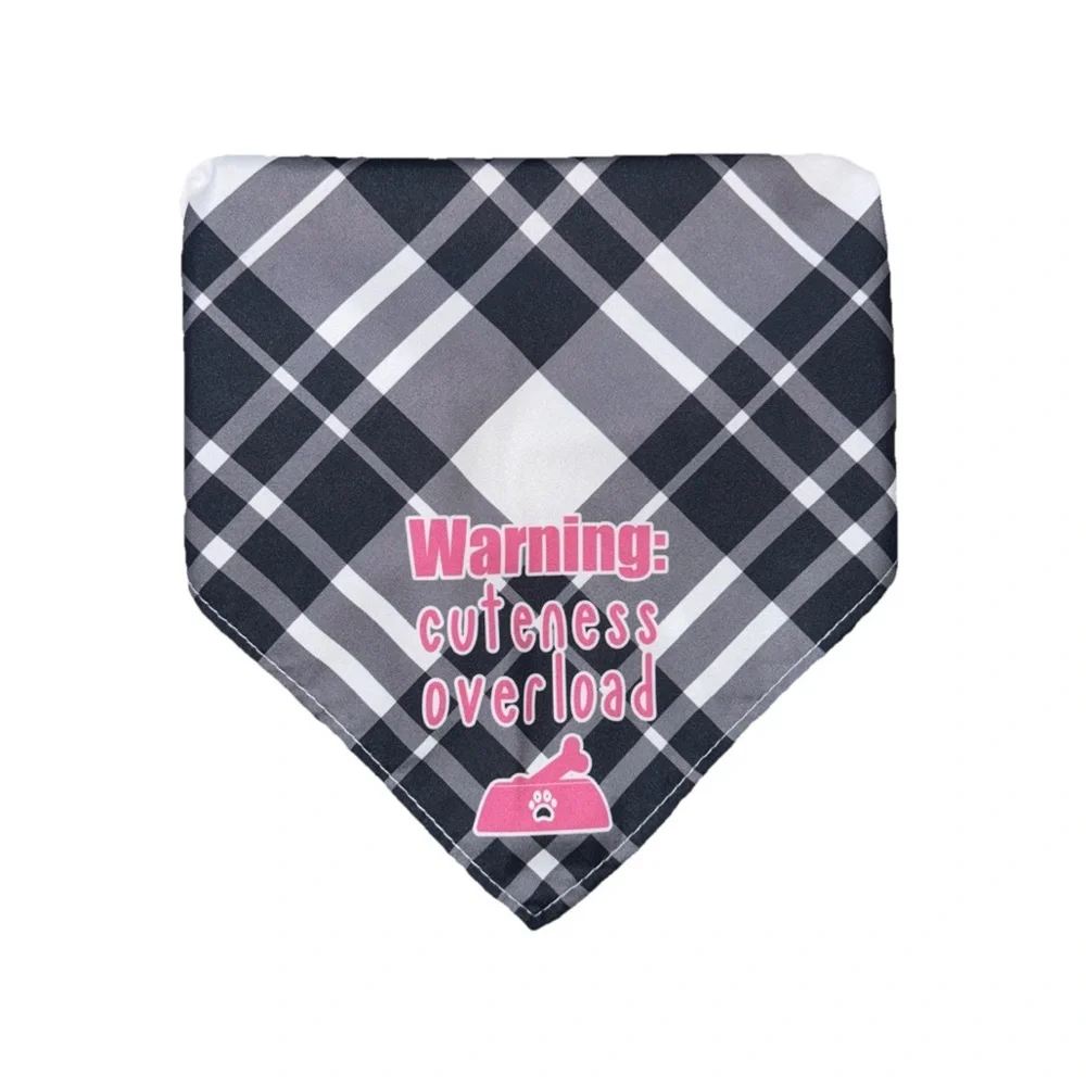 Pet Bandana Black & Gray/Pink Plaid with Caption 'Warning: Cuteness Overload' OS